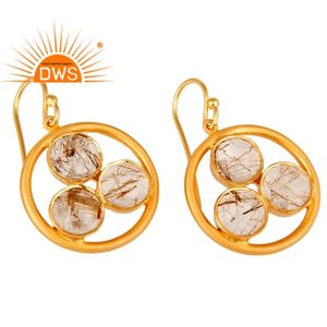 Golden Rutile Gemstone Earring Round Gold Plated Silver Hook Earring Wholesale Indian Gemstone Jewelry Manufacturer - Product Image 2