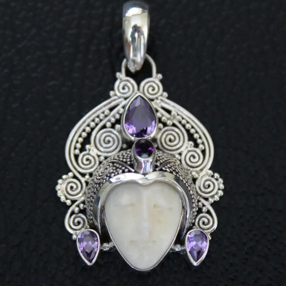 Bone carved moon face sterling silver pendant 925 guaranteed. Crafted by 100%in handmade not casting fine detail silver