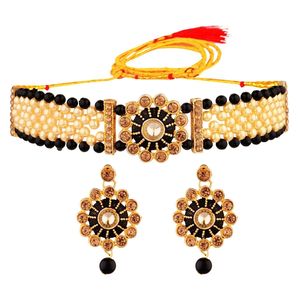 Indian Jewelry Set Crystal Choker Faux Pearl <b>Beaded</b> Necklace Earrings Bollywood Jewelry Set for Women - Product Image 1