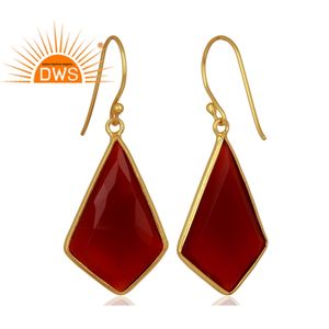 Boucles d'oreilles pendantes en argent et or, livraison gratuite, 925, bijou en Onyx rouge naturel, forme Rectangle, vente en gros - Product Image 3