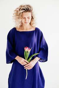 Vestido Midi de Lino Azul Marino para Mujer, Cuello Redondo, Manga Murciélago, Corte Holgado, Dobladillo Asimétrico, Estilo Casual de Primavera - Product Image 3