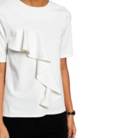 T-shirt décontracté pour femme à col rond et manches courtes, grande taille, en popeline de polyester, viscose et élasthanne, avec détail volanté long, teint uni