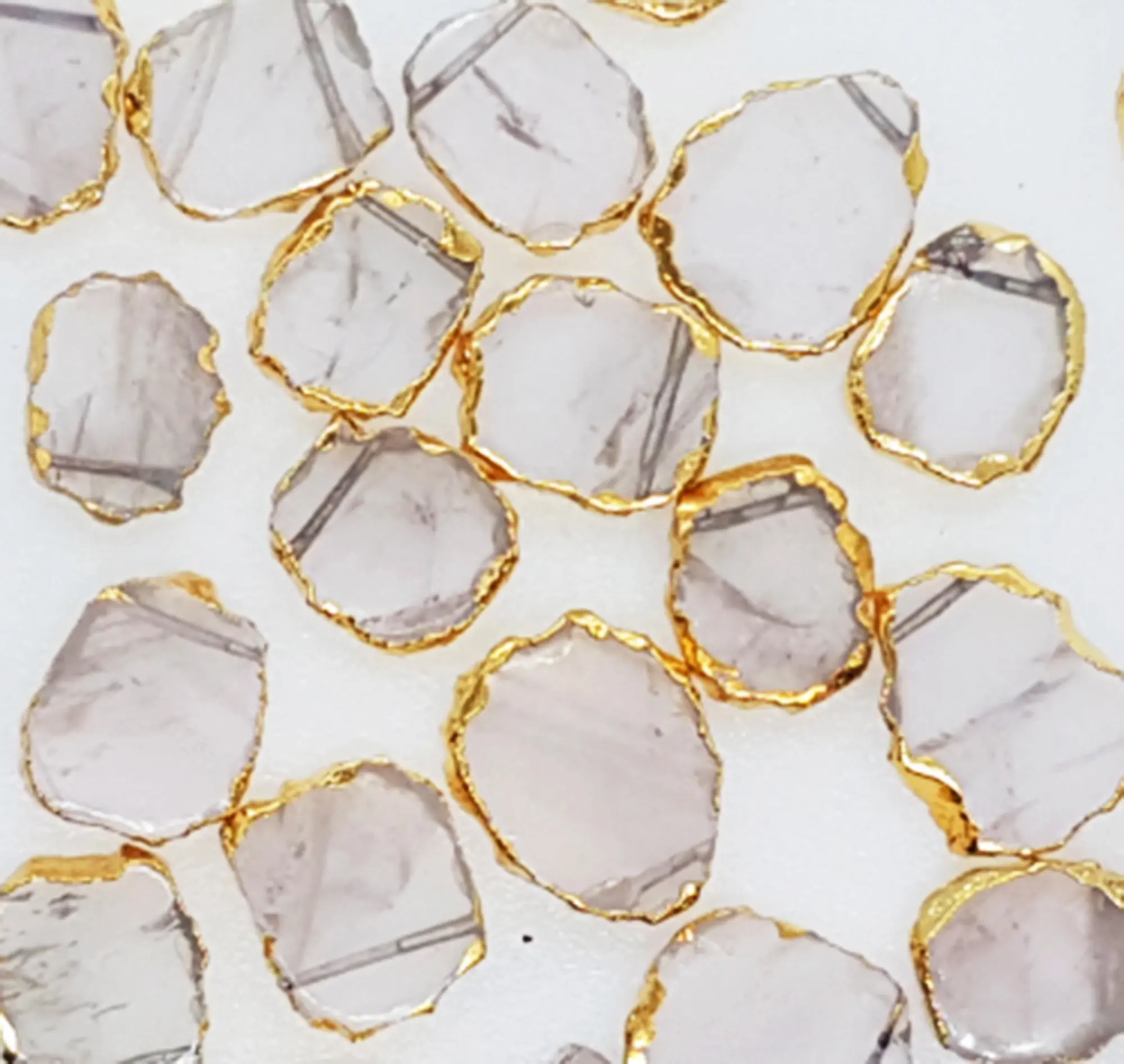 Natural Rose Quartz Polished Gold Electro Plated Slices, Drilled Slices For Making Pendant Jewelry, Wholesale Gemstone Slices
