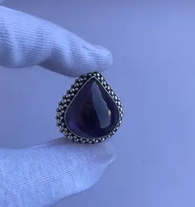 Takı-ametist kalp taş el yapımı etnik tasarım 925 ayar gümüş yarı değerli taş yüzük üretici Online alışveriş