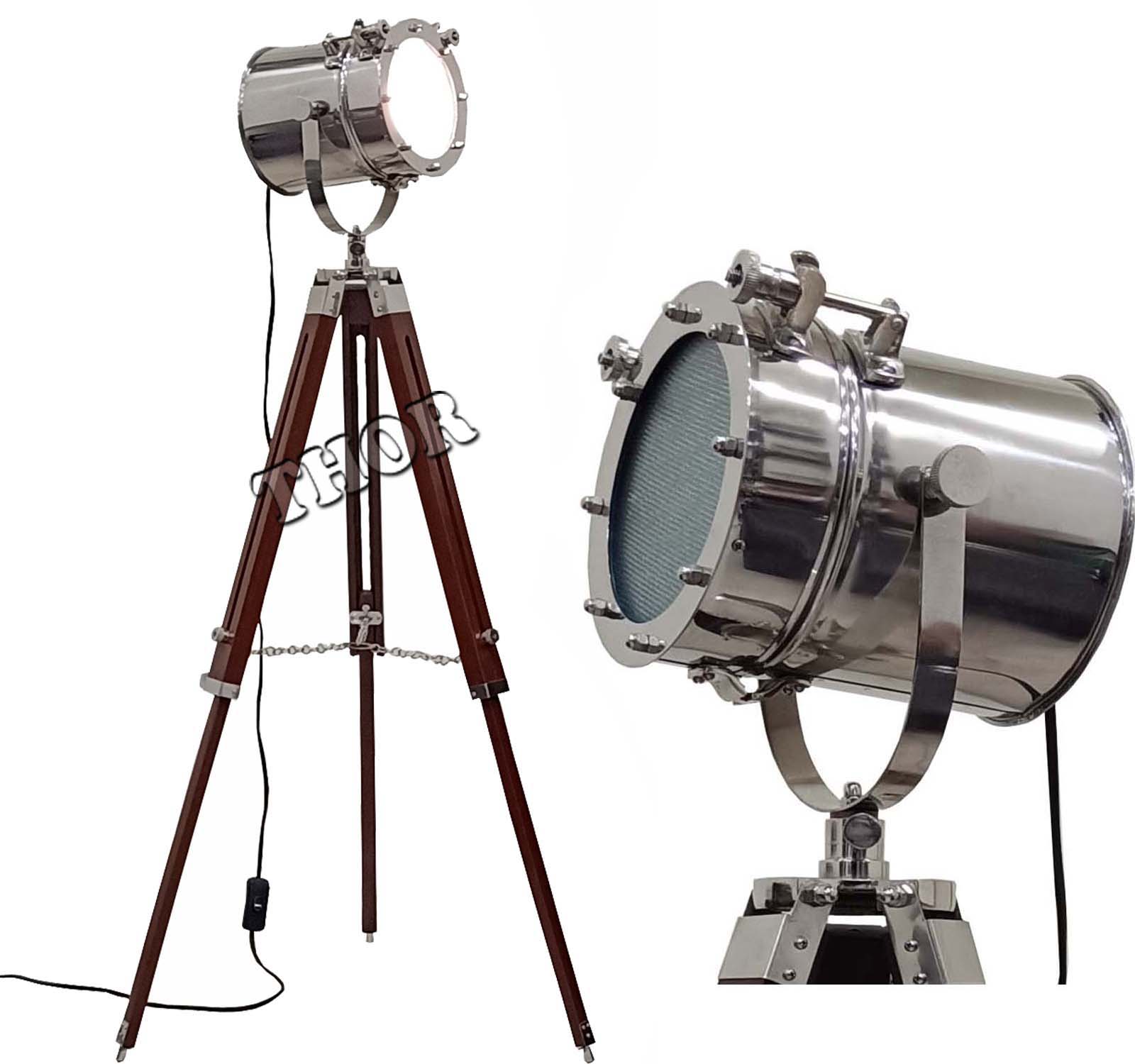 Lampe Projecteur Vintage Métal Et Bois - Trépied Orientable 360° 68 Cm - Doré