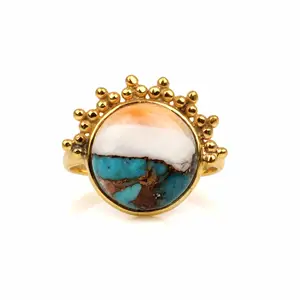 Hot Selling Beautiful 12mm Kingman Spiny Oyster Copper Turquoise Gemstone Bezel Silver 18k Gold Plated Designer Ring For Women