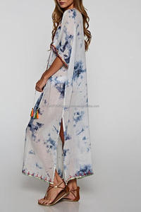 100% Factory Price OEM Service <b>Tie</b> Dye Maxi Length Aari Embroidered Women Kaftan Dress With Multi Color Trim & Neon Tassel <b>Ties</b> - Product Image 4