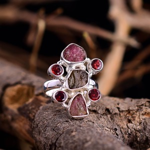 แหวนพลอยโกเมนและทัวร์มาลีนโบราณ925แหวนเงินสเตอร์ลิงแข็งทำด้วยมือเครื่องประดับอัญมณีผู้จัดจำหน่าย OEM - Product Image 1