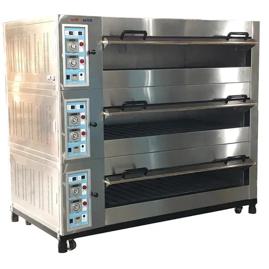 Padaria Heavy Duty Cozimento Máquina Elétrica/Gás Triplo Convés 9 Bandejas Forno Com Pedra de Aço Inoxidável de Alta Temperatura de Cozimento forno