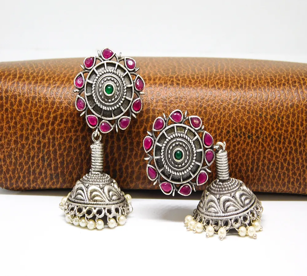 Latest designer fashion brass silver look alike hoop flower stone stud jhumka earings for women and girls