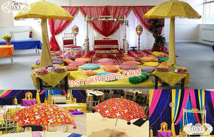 Mehndi Zitplaatsen Matrassen Met Parasols Indian Wedding Mehndi Sangeet Stage Zitplaatsen Mehndi Zitplaatsen Matrassen Met Paraplu