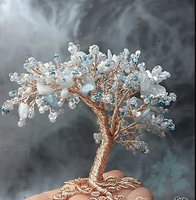 Arbre de vie en cristal d'aigue-marine naturelle, arbre à argent en cuivre enveloppé sur un vase en céramique bleue, cristal