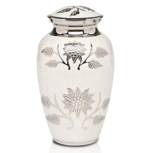 Urna de cremación blanca con flor grabada, monarca con esmalte de níquel - Product Image 1