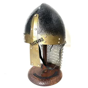 중세 노먼 바이킹 갑옷 수공예품 헬멧 갑옷 SCA LARP 복제 의상 W/스탠드 바이킹 체인 메일 헬멧