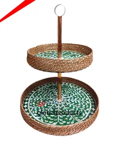 hand made eco friendly rattan cake stand two tier round cake stand with mother of pearl for wedding and party