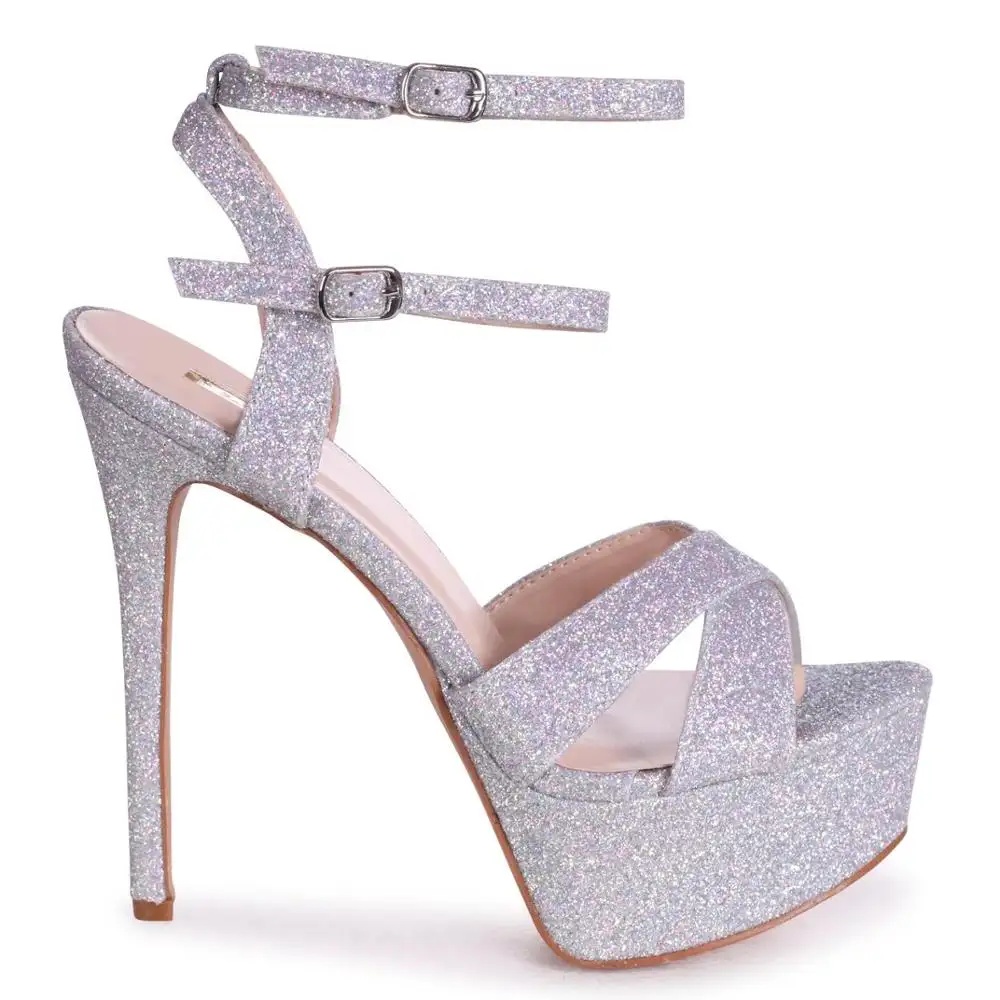 Glitter design ladies heavy platform sandals high heel ankle strap footwear sandalias shoes