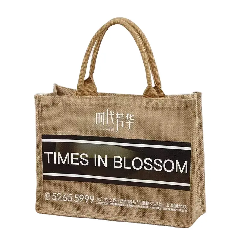 Yuvarlak tasarımcı büyük jüt alışveriş çantası özel jüt alışveriş çantası yazdırılabilir tuval keten el jüt alışveriş çantası