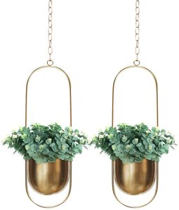 กระถางแขวนโลหะชุบทองทรงรีสำหรับปลูกต้นไม้สีเขียว ดีไซน์มินิมอล - Product Image 1
