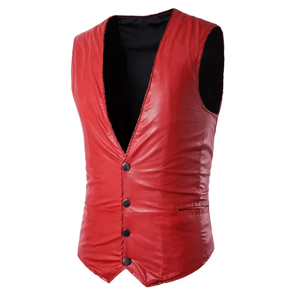 Men Fashion PU Leather Jacket Vest Men's Slim Fit Formal Casual Leather Dress Vest