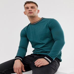 ผู้ชายลายทางคอและ Cuffs ซี่โครงผ้าฝ้าย100% เสื้อยืดแขนยาว - Product Image 5