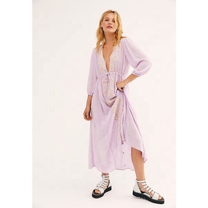 Women's Lavender <b>Chiffon</b> <b>Wrap</b> <b>Dress</b> Embroidery V-Neck Long Sleeve Bohemian Long Loose Fit Summer 100% Polyester Breathable - Product Image 1
