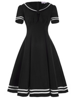 Robe d'été vintage à manches courtes, col à revers, couleur contrastée, style marin, mi-longue, en crêpe, BP000266