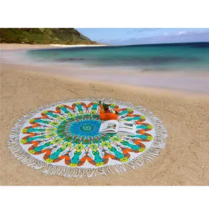 Green Feather Round Towel with Tassels 100% Cotton Thick Soft Blanket Throw Diameter Flamingo Terry Towel for Beach Camping Yoga