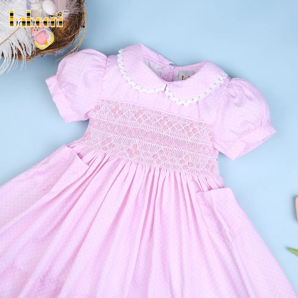 ชุดเดรส smocked ลายจุดสีชมพูลายจุดเรขาคณิตสำหรับเด็กผู้หญิง OEM ODM เด็ก smocked เสื้อผ้าขายส่งชุดเดรส BB2540