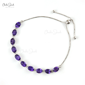 100% Natural Amethyst 7x5MM Oval Cut Faceted Gemstone 925 Sterling Silver High Finish Flexible <b>Bracelet</b> <b>Fashionable</b> Bangle - Product Image 2