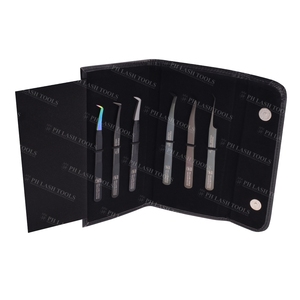 Étui de 6 pincettes élastiques pour Extension de cils, en cuir PU, noires, logo privé, Kits de pincettes - Product Image 1