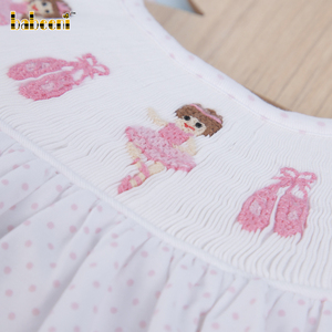 Babeeni 100% Cotton Hữu Cơ Thêu Ballerinas Trắng Với Nhỏ Màu Hồng <span class=keywords><strong>Dot</strong></span> Bé Cô Gái Smocked Romper Set-BB2005 - Product Image 5