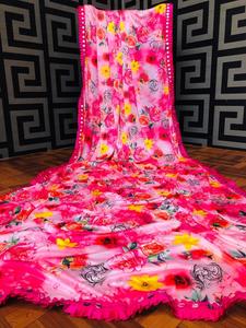 Vêtements de fête attrayants fleur imprimé travail coton Saree couleur Orange et chemisier non cousu femmes indiennes porter prix de gros vêtement - Product Image 4