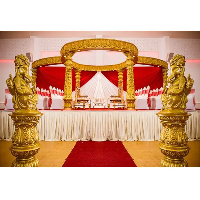 Mandap Set Mandap Serat Emas Pernikahan Spesial, Pengaturan Mandap Gaya Terbuka untuk Pernikahan Agung dengan Patung Ganesha