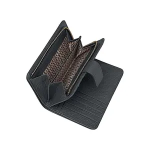 Black mini genuine leather zipper wallet for women in black