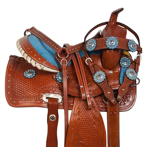 Conjunto de sela de cavalo com equipamento de corrida e barril, couro ocidental premium de alta qualidade, tamanho 10" 18" com equipamento de direção