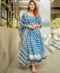 Bollywood Style Trendy Frauen Baumwolle Sommer Boho Party Anarkali Kurti Set Mit Hose Mit Dupatta