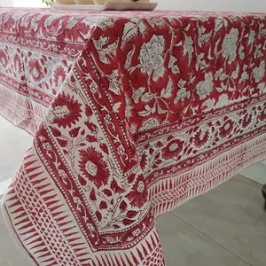 คริสมาสต์สีแดงตารางผ้าอินเดียบล็อกพิมพ์ผ้าปูโต๊ะผ้าฝ้ายที่ทำด้วยมือดอกไม้สี่เหลี่ยมปกตาราง
