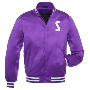 Vestes de baseball décontractées pour hommes Design personnalisé Letterman Bomber régulier Chenille Broderie Logo Classique Satin Violet Couleur unie - Product Image 1