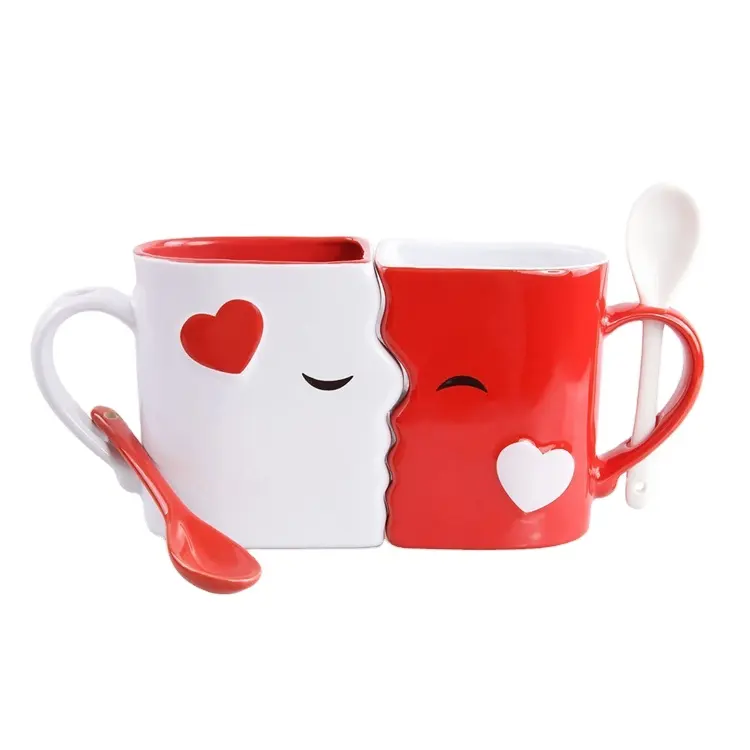 Ceramic Kissing Mugs Set Two Large Cups for him and her on valentine's day or anniversary