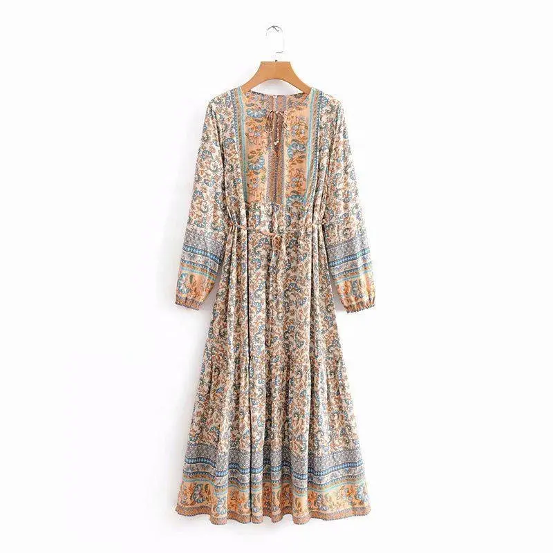Women Summer Bohemian Style Casual Holiday Dress Girls Embroidered O Neck Long Sleeve Floor Dress