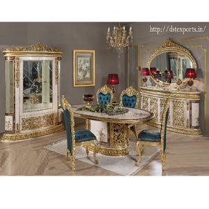 Rococo-Conjunto de comedor italiano de lujo, conjunto de muebles tallados clásicos con acabado de platino, de alta gama - Product Image 1