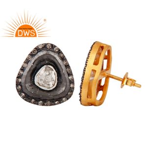 Antique Victorian Style Solid 18k Gold and 925 <b>Silver</b> <b>Stud</b> <b>Earrings</b> Rose Cut Diamond Polki <b>Stud</b> <b>Earrings</b> Jewelry Wholesale - Product Image 2