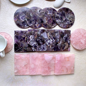 Juego de posavasos de madera de nogal con piedra de cuarzo rosa natural, cristal de amatista y gemas rosas, artículo de regalo. |   Proveedor Mayorista - Product Image 6