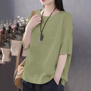 Custom Logo Fashion Solid Cotton Linen O-Neck Loose T-Shirt Casual Summer Ladies <b>Top</b> - Product Image 2