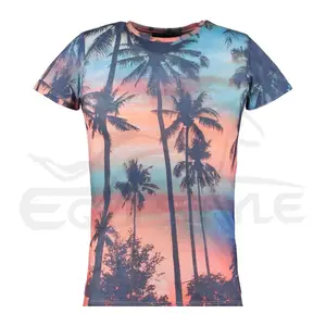 Сублимационные рубашки, оптовая продажа, 100%, полиэстер, высокое качество, короткие рукава, с круглым вырезом, Пляжное дерево, дизайн, сублимированная Футболка с принтом
