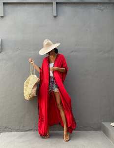 2023 femmes Collection attrayante cravate teinture rayonne Long Kimono Boho Style Sexy plage couverture pour été Resort étage longueur naturel - Product Image 2