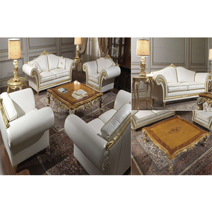 Conjunto de sofás de lujo para sala de estar, juego de muebles de madera tallada en oro y blanco con acabado de hoja dorada antigua - Product Image 1