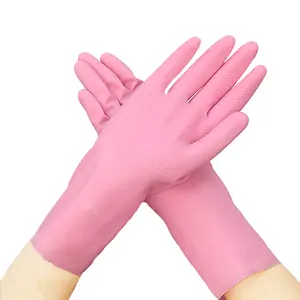 Medium thick waterproof reusable pink natural latex rubber gloves luva latex for kitchen use cleaning janitorial maid chores