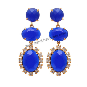 925แท้สีเงินแท้สีล้วนดีไซน์แบบมินิมอลพร้อมพลอยคาลซิโดนีสีฟ้าธรรมชาติ18K ต่างหูชุบทองแบบห้อย - Product Image 1