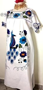 <b>White</b> Boho Maxi <b>Dress</b> Hand Embroidered <b>Organza</b> Peacock Floral Pattern Short Sleeve Square Neck Loose Fit Breathable Casual - Product Image 4
